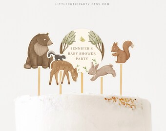 Bearbeitbare Woodland Baby Shower Cupcake Toppers, Woodland Baby Shower Cake Topper für Woodland Baby Shower Dekorationen WOOD001