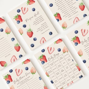 May include: A set of printable baby shower game cards featuring a watercolour strawberry and blueberry design. The cards include games such as "Baby Bingo", "Baby Guess", "Baby Name Race", "Advice for the New Parents", and "Pacifier Hunt".