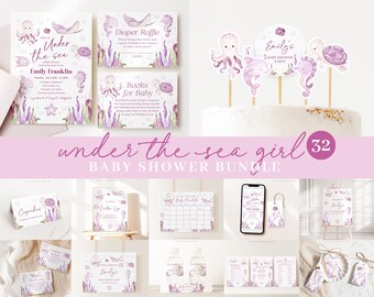 May include: A baby shower printable bundle with a purple and white color scheme. The theme is "Under the Sea" and features illustrations of sea creatures like an octopus, seahorse, and turtle. The bundle includes invitations, cupcake toppers, a welcome sign, and other printable items.