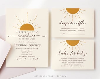 May include: A baby shower invitation featuring a yellow sun graphic. The invitation reads "A little ray of sunshine is on the way!" and includes the name Amanda Spence, the date and time of the shower, and the location. There are also two cards for a diaper raffle and a books for baby request.