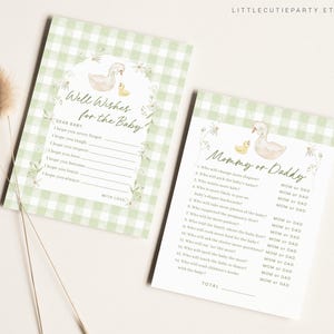 May include: Two printable baby shower game cards with a green and white gingham pattern. The first card has a watercolor illustration of a swan and a duckling with the text "Well Wishes for the Baby". The second card has a watercolor illustration of a swan and a duckling with the text "Mommy or Daddy" and a list of questions for guests to answer.