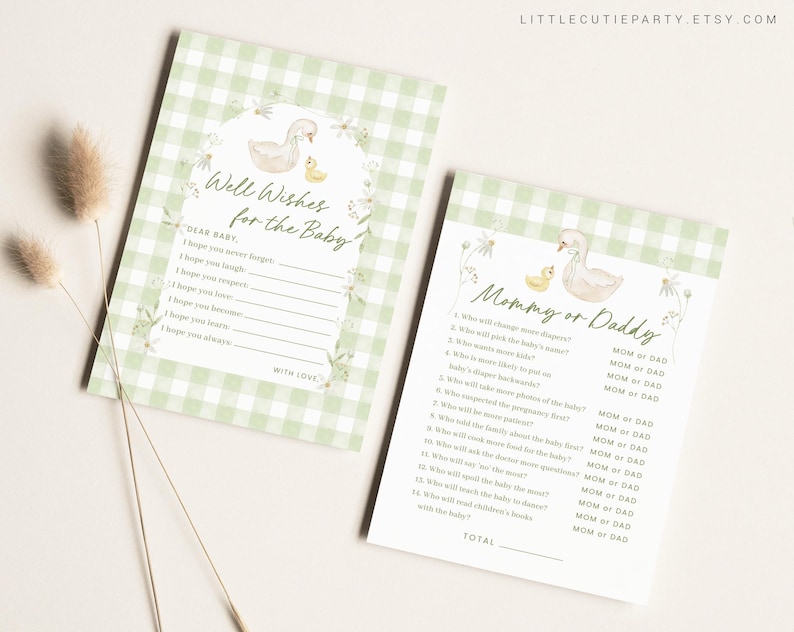 May include: Two printable baby shower game cards with a green and white gingham pattern. The first card has a watercolor illustration of a swan and a duckling with the text "Well Wishes for the Baby". The second card has a watercolor illustration of a swan and a duckling with the text "Mommy or Daddy" and a list of questions for guests to answer.