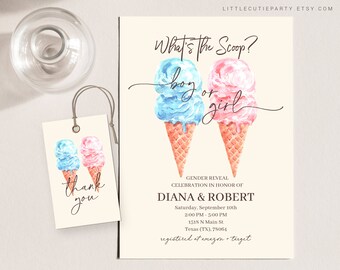 Bearbeitbare Whats the Scoop Gender Reveal Einladungsvorlage SCOGR001