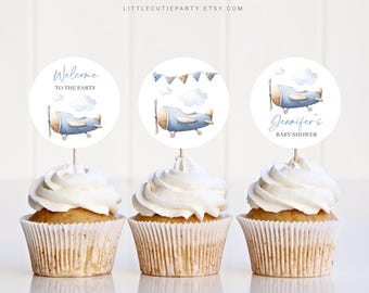 Bewerkbare vliegtuigtaarttopper, vliegtuig babyshower cupcake toppers, voor babyshower decoraties op reis APBS001