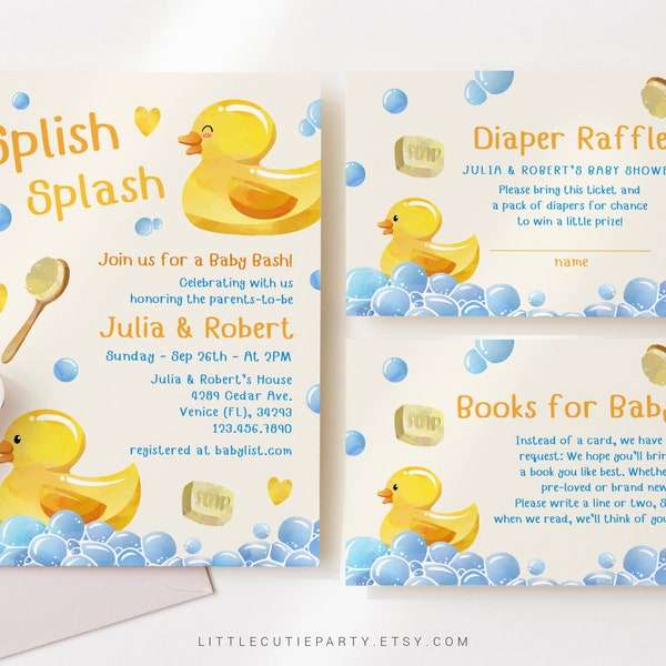 Editable Rubber Duck Shower Invitation, Rubber Duck Baby Shower Invitation with Diaper Raffle, Books for Baby and Gift Tag RUBBS001