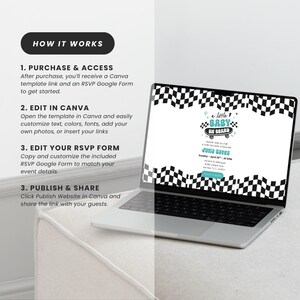 May include: A laptop displays a baby shower invitation template with a checkered border and the text "a little BABY ON BOARD." The screen shows event details. Instructions on how to use the template are on the left.