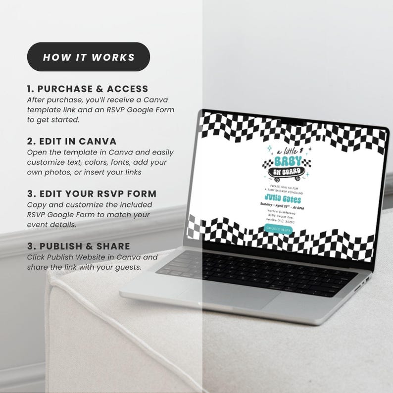 May include: A laptop displays a baby shower invitation template with a checkered border and the text "a little BABY ON BOARD." The screen shows event details. Instructions on how to use the template are on the left.