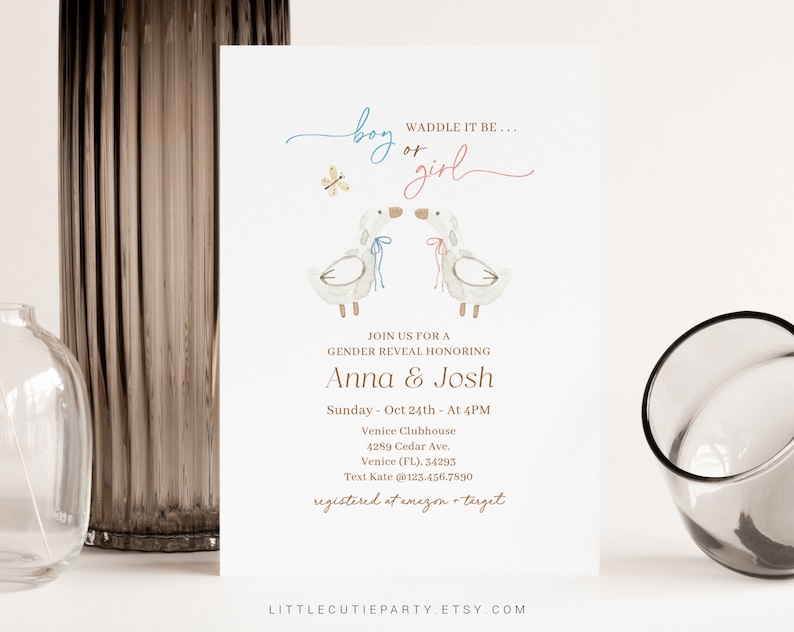 May include: A gender reveal party invitation with a watercolor illustration of two ducks. The text reads "Waddle it be... boy or girl?" and includes the names Anna & Josh, the date and time of the event, the location, and the registry information.