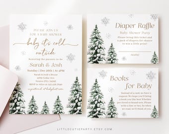 Editable Baby Its Cold Outside Baby Shower Invitation, Snowflake Baby Shower Winter with Diaper Raffle, Books for Baby and Gift Tag WINBS002