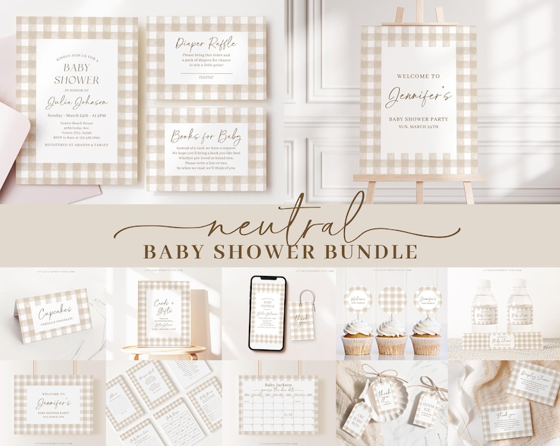 K&ouml;nnte beinhalten: Ein neutrales Baby Shower Bundle mit einem Gingham-Muster. Das Bundle enth&auml;lt Einladungen, ein Willkommenszeichen, Cupcake-Topper, Wasserflaschenetiketten und andere druckbare Elemente. Der Text auf den Einladungen lautet "Baby Shower" und "Julie Johanson". Das Willkommenszeichen lautet "Willkommen zur Baby Shower Party von Jennifer".