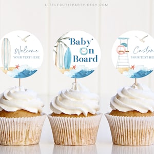 Editable Baby on Board Cake Toppers, Beach Baby Shower Cupcake Toppers, Cake Topper Template, Cake Topper Decorations BBBBS001