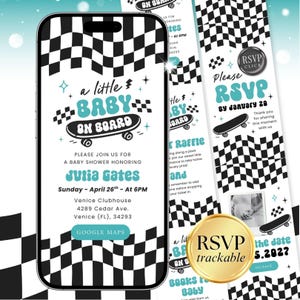 May include: A baby shower invitation design featuring a smartphone and a matching card. The design includes a black and white checkered pattern, teal accents, and the text "a little BABY ON BOARD". The invitation includes event details.
