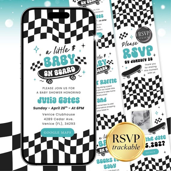 Baby on Board Baby Shower Invitation Digital, Baby on Board Skateboard, RSVP Baby Shower Invite BBBBS002