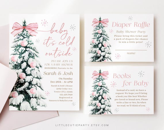 Editable Baby Its Cold Outside Pink Baby Shower Invitation, Baby Its Cold Outside Girl with Diaper Raffle, Books for Baby and Tag PWINBS001