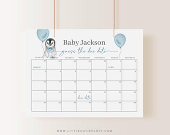 Op de afbeelding: Een baby shower kalender met een aquarel pinguïn met een blauwe ballon. De kalender heeft de titel "Baby Jackson guess the due date" en toont de maanden maart en april. De uitgerekende datum is gemarkeerd.