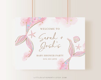 Editable Mermaid Baby Shower Poster, Pink Mermaid Backdrop, Vinyl banner, Baby Mermaid Baby Shower Banner MRMBS001