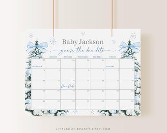 May include: A winter-themed baby shower calendar with the text "Baby Jackson guess the due date." The calendar features a grid for December and January, with snowflake and Christmas tree illustrations. The words "Due Date" are written on the calendar.