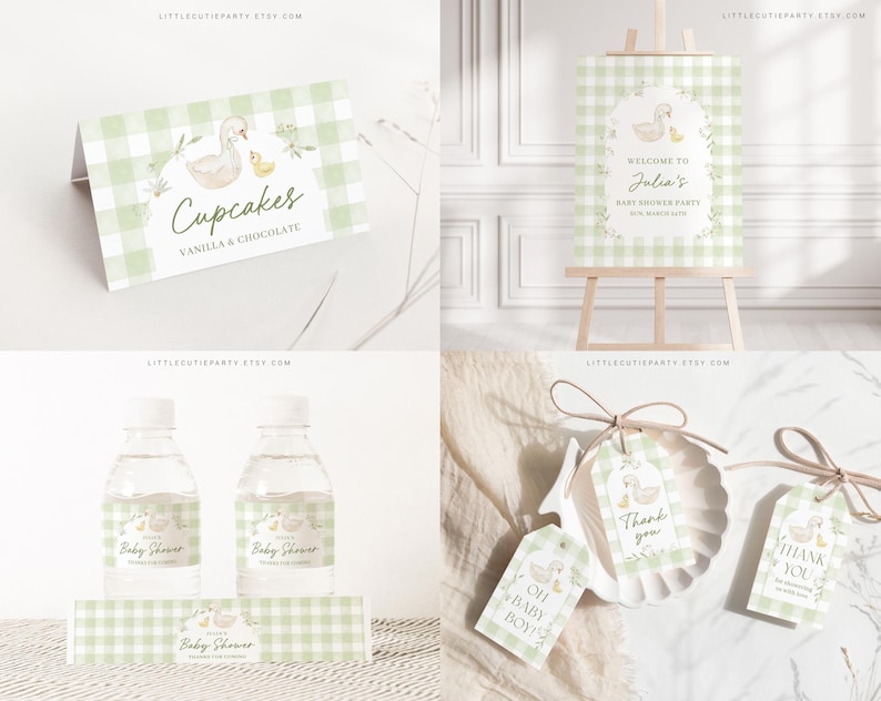 K&ouml;nnte beinhalten: Ein Set an Babyparty-Dekorationen mit einem gr&uuml;n-wei&szlig; karierten Muster und einer niedlichen Illustration von Ente und K&uuml;ken. Das Set beinhaltet ein Willkommens-Schild, Cupcake-Topper, Wasserflaschen-Etiketten, Geschenkanh&auml;nger und ein Dankesch&ouml;n-Anh&auml;nger.