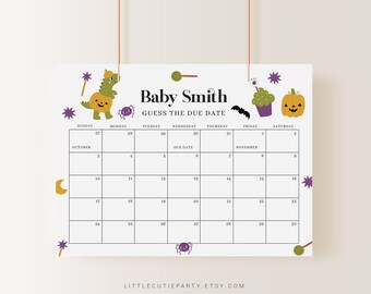 May include: A Halloween-themed baby shower calendar with the text "Baby Smith Guess the Due Date." The calendar features illustrations of a pumpkin, a dinosaur on a pumpkin, a cupcake, a bat, and a spider. The calendar is printed on white paper.
