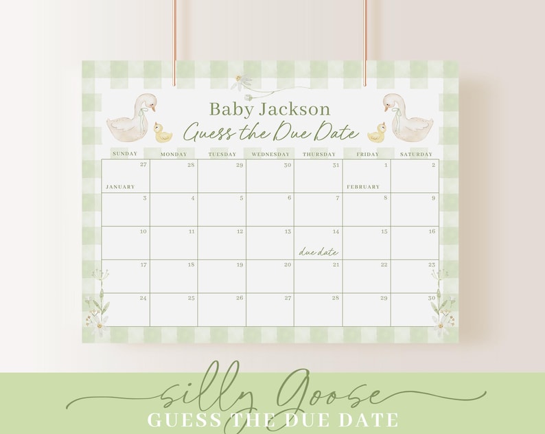 K&ouml;nnte beinhalten: Ein gr&uuml;ner und wei&szlig;er Gingham-Kalender mit einem Babyparty-Thema. Der Kalender zeigt ein Bild eines wei&szlig;en Schwans und eines gelben Entenk&uuml;ken. Der Text "Baby Jackson Guess the Due Date" steht oben auf dem Kalender. Der Kalender ist f&uuml;r Januar und Februar.