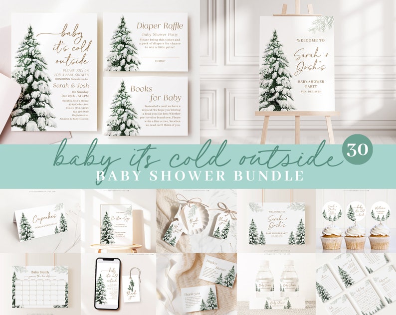 May include: A collection of baby shower stationery with a winter theme. The designs feature a snowy evergreen tree and the phrase "baby it's cold outside." Includes invitations, signs, and cupcake toppers.