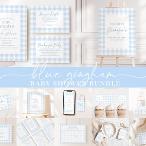 Pacchetto di inviti per baby shower a quadretti blu modificabili, set di inviti per baby shower blu con giochi e decorazioni per baby shower blu BGHBS002