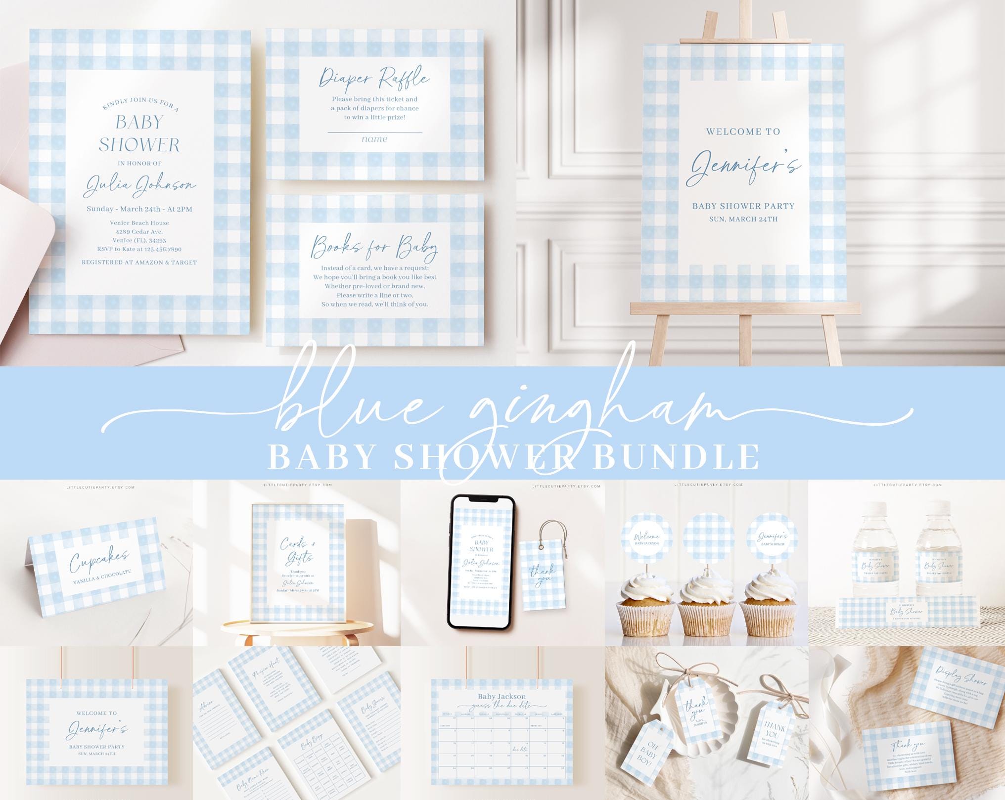 Editable Blue Gingham Baby Shower Invitation Bundle, Baby Blue Boy Bundle Set with Games Bundle and Blue Shower Decorations BGHBS002