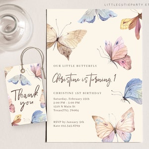 Editable Butterfly First Birthday Invitation, Butterfly First Birthday Party Invitation with Gift Tag BUTFBD001