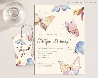 Butterfly First Birthday Invitation, Editable Gift Tag (Digital) BUTFBD001