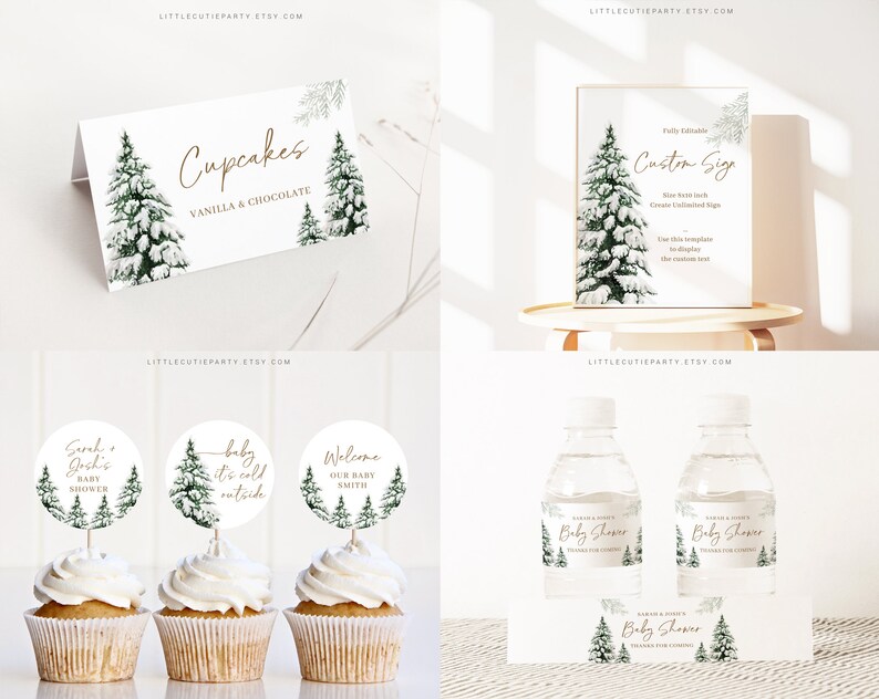 May include: A collection of winter-themed baby shower decorations. Includes a table card with "Cupcakes" and "Vanilla & Chocolate" text, cupcake toppers, water bottle labels, and a sign with "Custom Size" text. All feature evergreen tree illustrations.
