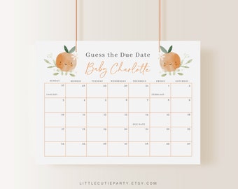 May include: A printable baby shower game with a calendar for guests to guess the due date of Baby Charlotte. The calendar is decorated with orange fruit illustrations.