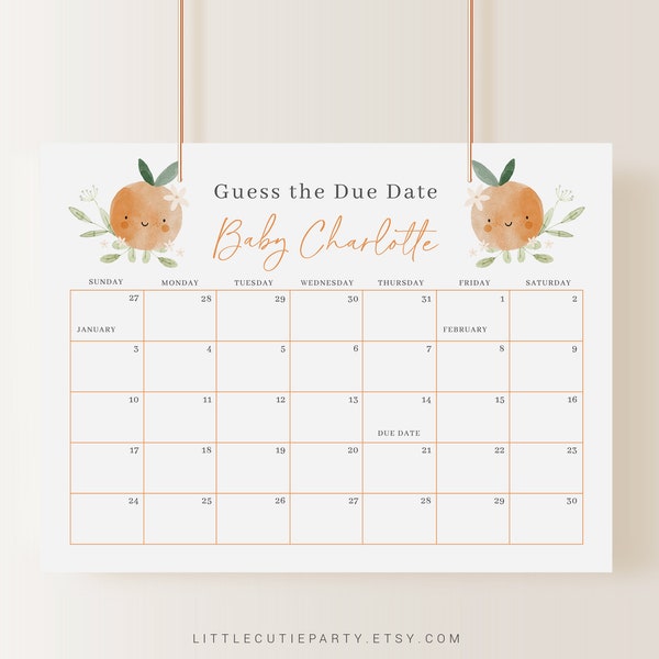 Editable A Little Cutie Baby Shower Calendar, Little Cutie Due Date Calendar, Baby Shower Due Date Calendar Games for Shower LITTBS003