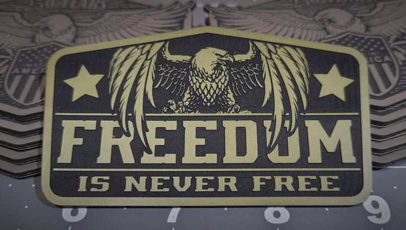 May include: A rectangular patch with a black background and gold lettering and design. The patch features an eagle with outstretched wings, two stars, and the words "FREEDOM IS NEVER FREE."