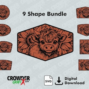 May include: A digital download bundle showcasing nine shapes, each with a Highland cow illustration. The cow is rendered in brown, often with a sunflower backdrop. The text "9 Shape Bundle" is displayed. Includes SVG digital download.