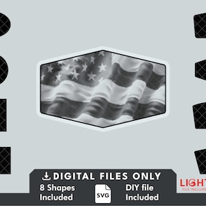 May include: Digital design elements featuring an American flag graphic and eight black shapes with a diamond pattern. The image includes the text "DIGITAL FILES ONLY" and "8 Shapes Included."