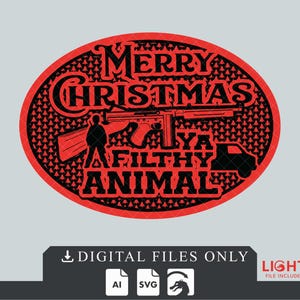 Może przedstawiać: Czerwono-czarny projekt graficzny z napisem "MERRY CHRISTMAS YA FILTHY ANIMAL" w owalnym kształcie. Projekt zawiera sylwetkę osoby, broń i pojazd. Na dole obrazu napis "DIGITAL FILES ONLY".