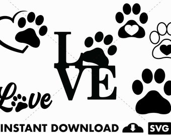 May include: Black and white graphic design featuring paw prints and the word "Love". The paw prints include heart shapes. The text "INSTANT DOWNLOAD" and an SVG icon are also present.