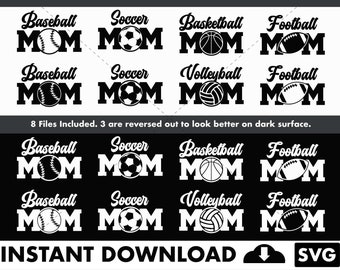 May include: A digital design featuring the word "MOM" with various sports themes: baseball, soccer, basketball, volleyball, and football. The design includes the sports ball and the sport's name. The image includes the text "Instant Download" and "SVG".