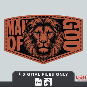 May include: A graphic design featuring a lion's head with the words "MAN OF GOD" in a shield-shaped design. The lion is brown, and the text is in a bold font. The design is on a light gray background.