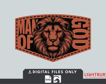 May include: A graphic design featuring a lion's head with the words "MAN OF GOD" in a shield-shaped design. The lion is brown, and the text is in a bold font. The design is on a light gray background.