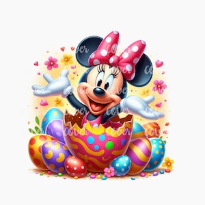 May include: A cartoon image of Minnie Mouse dressed in a pink and white polka dot dress, peeking out of a cracked Easter egg. The egg is decorated with colorful polka dots and surrounded by other colorful Easter eggs.