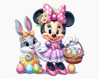 Könnte beinhalten: Eine Zeichentrick-Minnie Maus, die ein lila Kleid mit einer rosa Schleife trägt und einen Korb mit bunten Ostereiern hält. Ein graues Kaninchen, das ein gelbes Kleid mit einer Blumenkrone trägt, steht neben ihr.