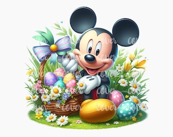 May include: Mickey Mouse is holding a basket filled with colorful Easter eggs. He is surrounded by green grass and flowers, including daisies and yellow flowers.