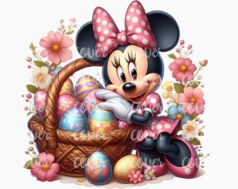 May include: Minnie Mouse in a pink polka dot dress holds a basket overflowing with colorful Easter eggs. The basket is surrounded by pink, white, and blue flowers.