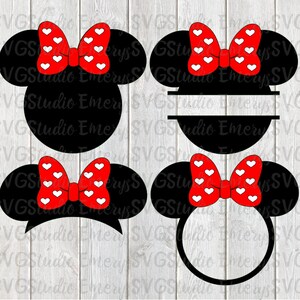 May include: Four black and red mouse ears with white polka dots and a red bow. Two of the ears have a blank circle in the middle, and two have a blank rectangle in the middle.