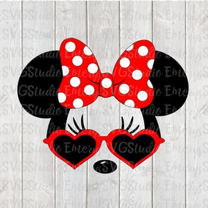 File SVG DXF PNG Pdf per Minnie con occhiali da sole a cuore e fiocco a pois