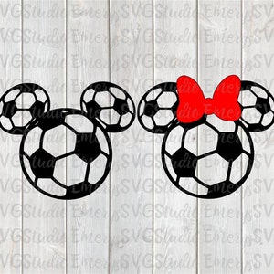 May include: Black and white soccer ball design in the shape of Mickey Mouse ears. One design has a red bow. The image is a digital graphic, perfect for sports fans and Disney enthusiasts.