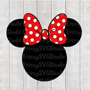 May include: Black and white silhouette of Mickey Mouse ears with a red bow with white polka dots.