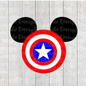 May include: A red, white, and blue Captain America shield with a white star in the center, surrounded by two black Mickey Mouse ears.
