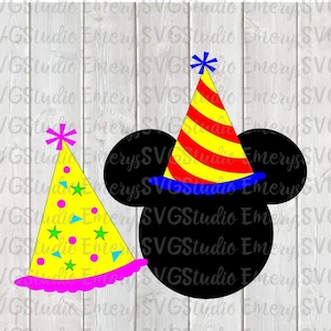 May include: Black and white silhouette of Mickey Mouse wearing two different party hats. One hat is yellow with red stripes and blue trim. The other hat is yellow with pink, blue, and green stars and a pink trim.